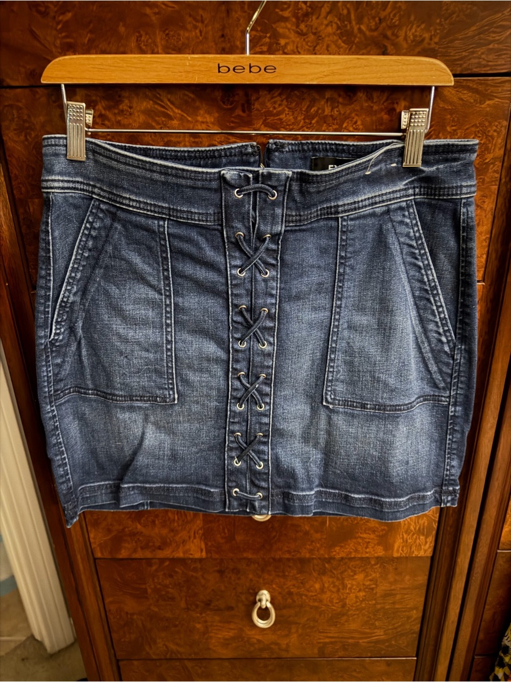 Express Lace-Up Front Denim Mini Skirt in Washed Blue